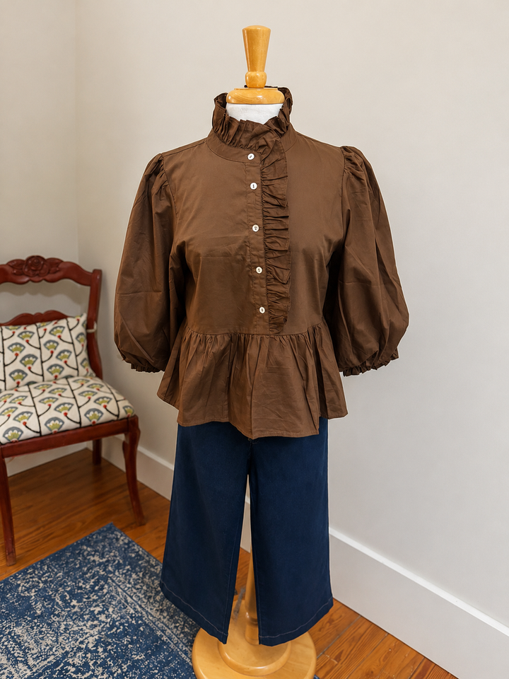 Ruffle Neck Button Down Blouse