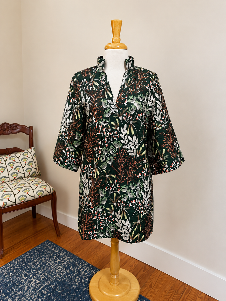 Split Neck Bell Sleeve Caftan - Evergreen Bloom