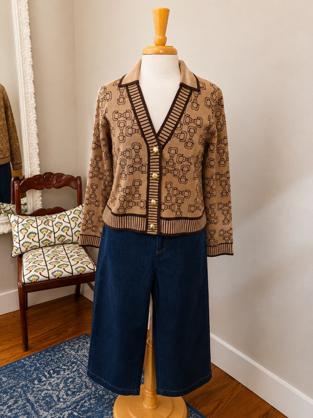Bow Print Cardigan with Gold Buttons