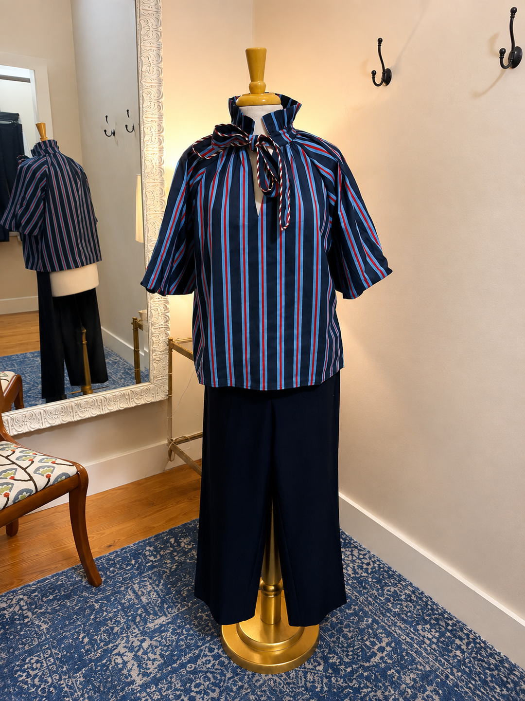 Stripe Puff Sleeve Tie Front Top