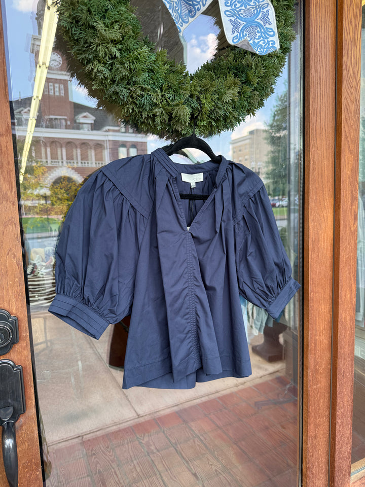 Balloon Sleeve V-Neck Blouse Top- Navy