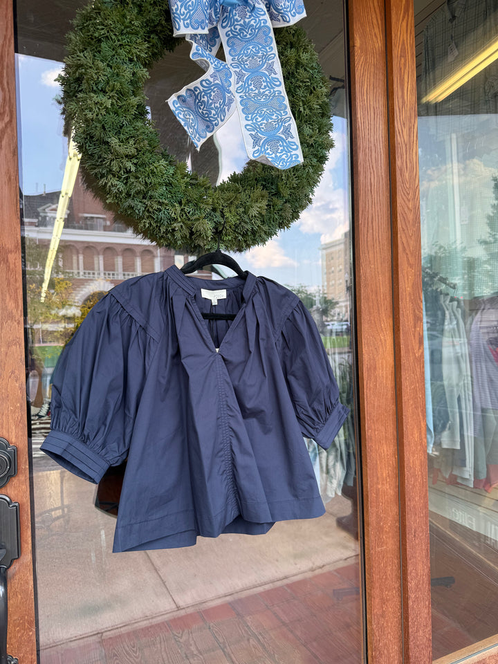 Balloon Sleeve V-Neck Blouse Top- Navy