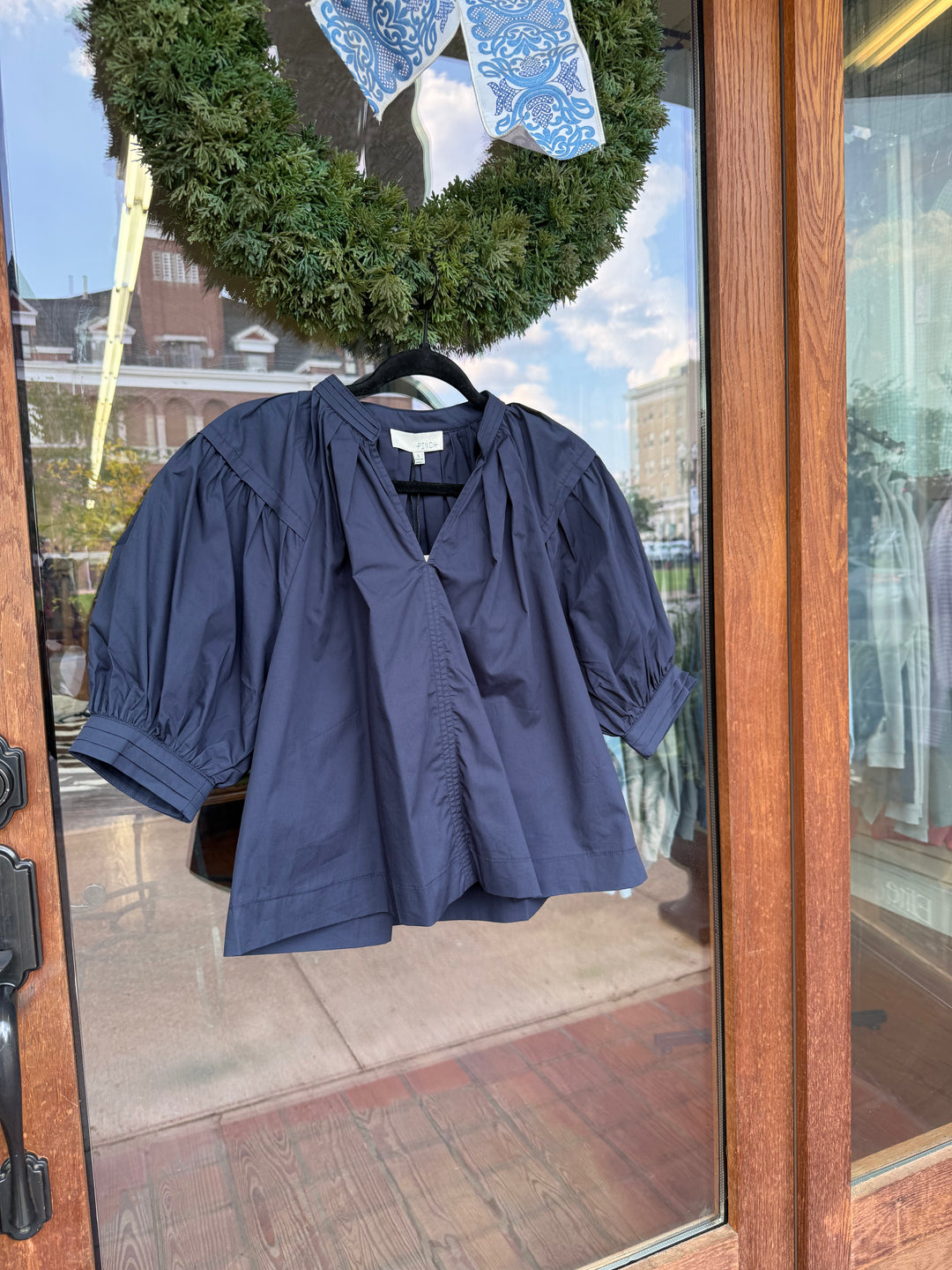 Balloon Sleeve V-Neck Blouse Top- Navy