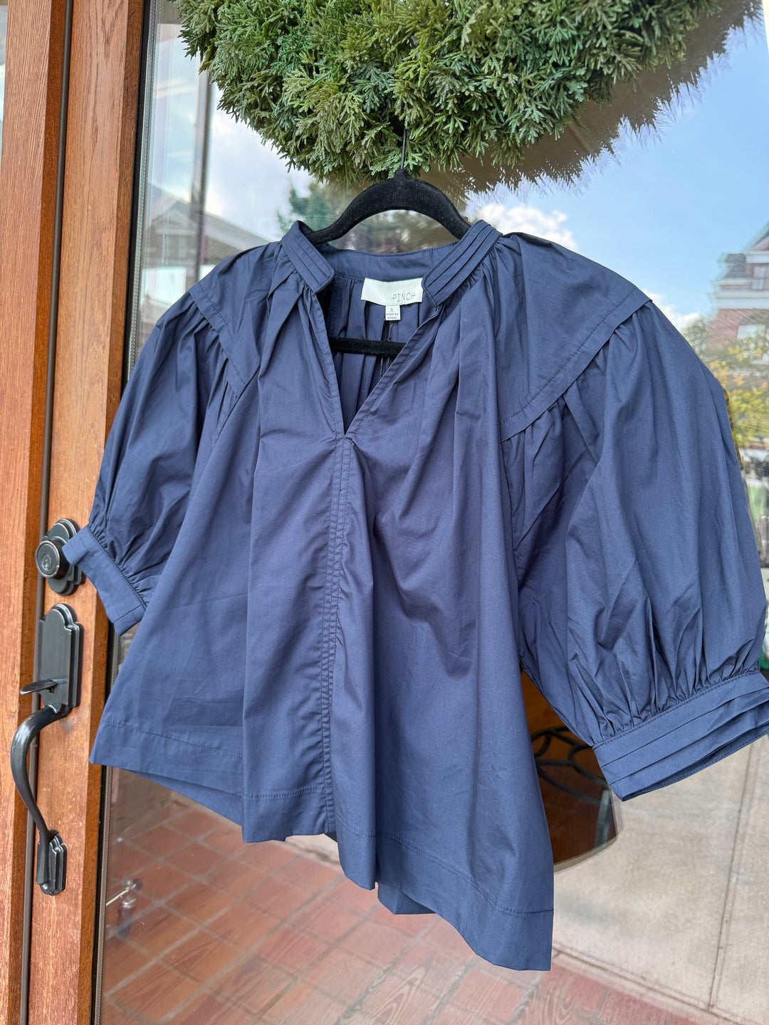 Balloon Sleeve V-Neck Blouse Top- Navy