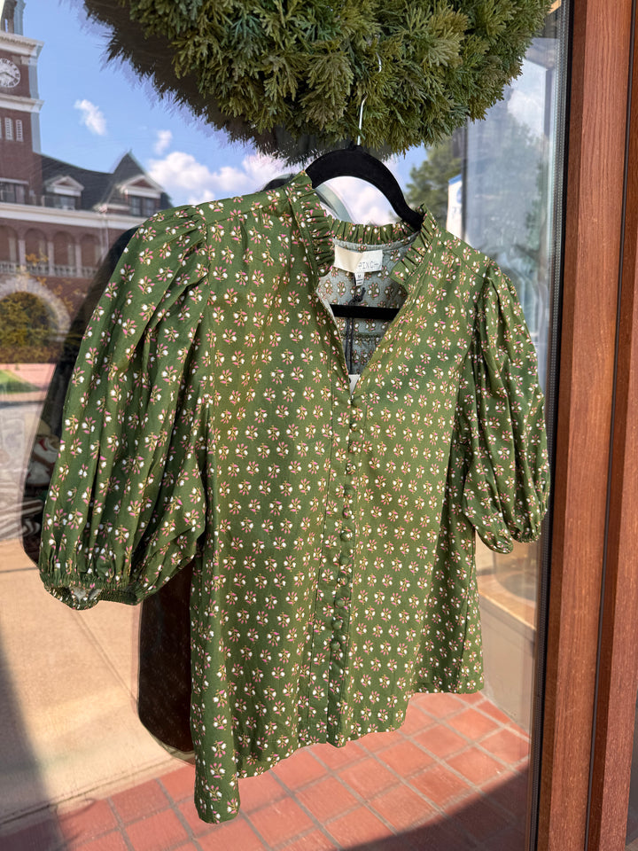 Olive Floral Puff Sleeve Blouse