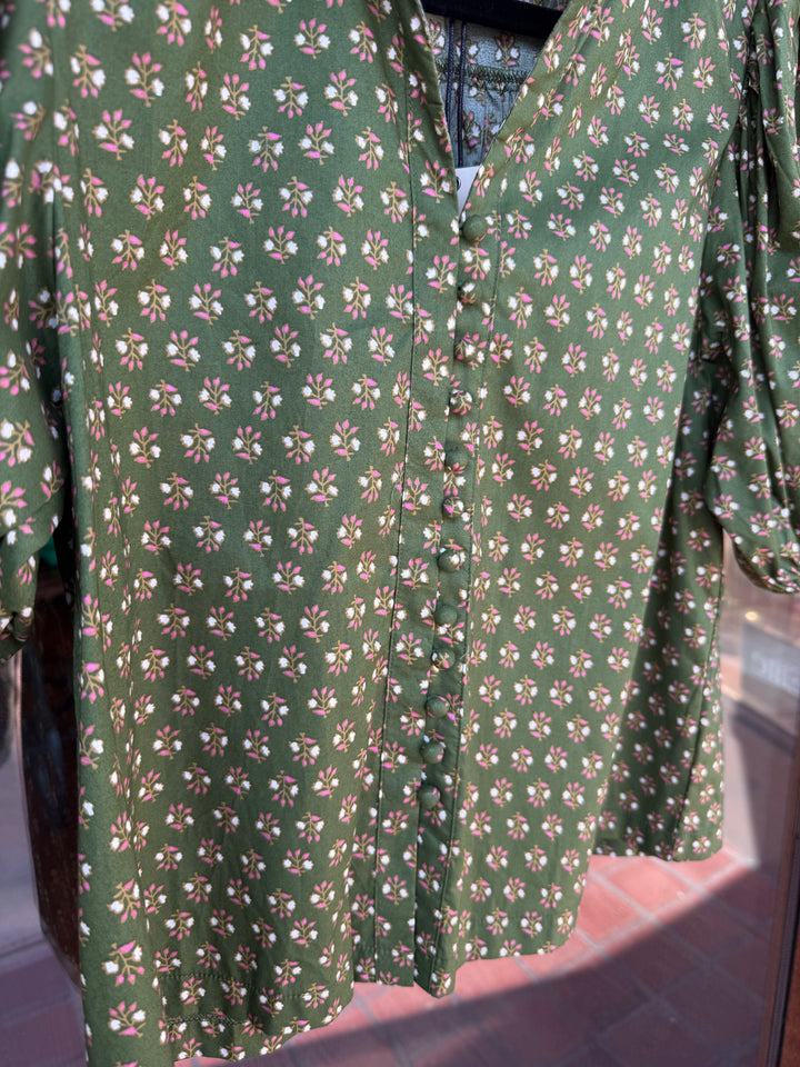 Olive Floral Puff Sleeve Blouse