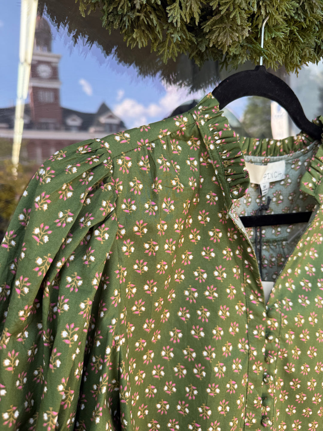 Olive Floral Puff Sleeve Blouse