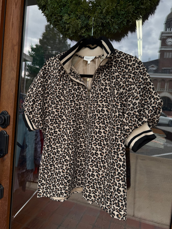 Entro Leopard Balloon Sleeve Zip Blouse