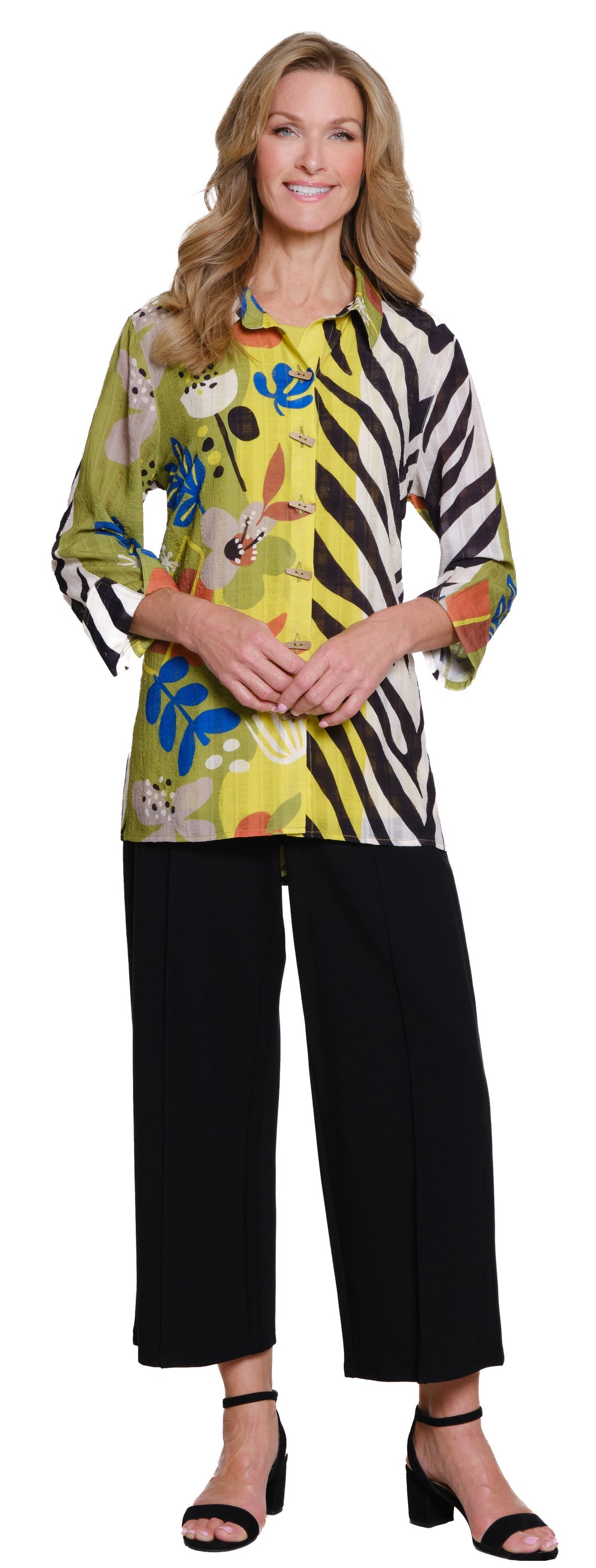 Multiples 3/4 Sleeve Zebra/Multi Print Shirt