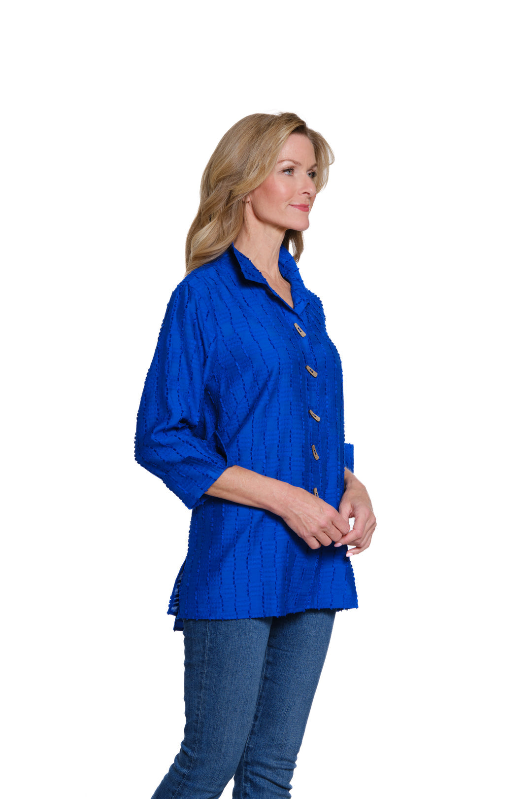 Multiples Blue 3/4 Sleeve Hi-Lo Shirt