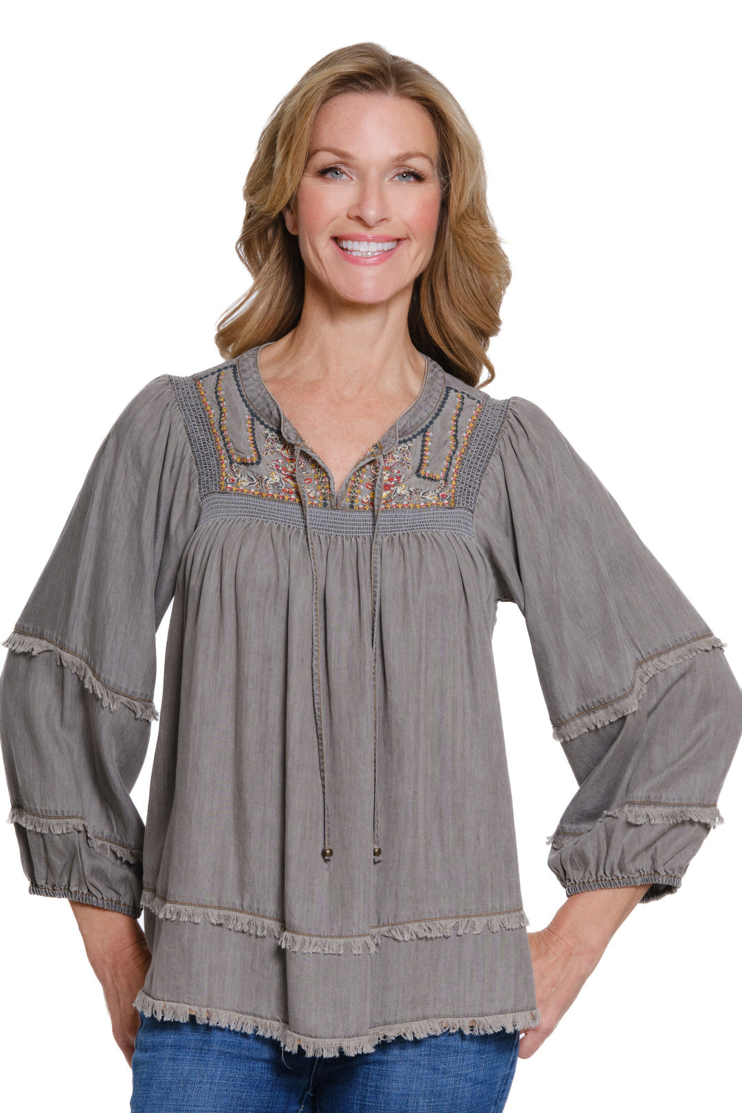 Multiples 3/4 Sleeve Embroidered Top