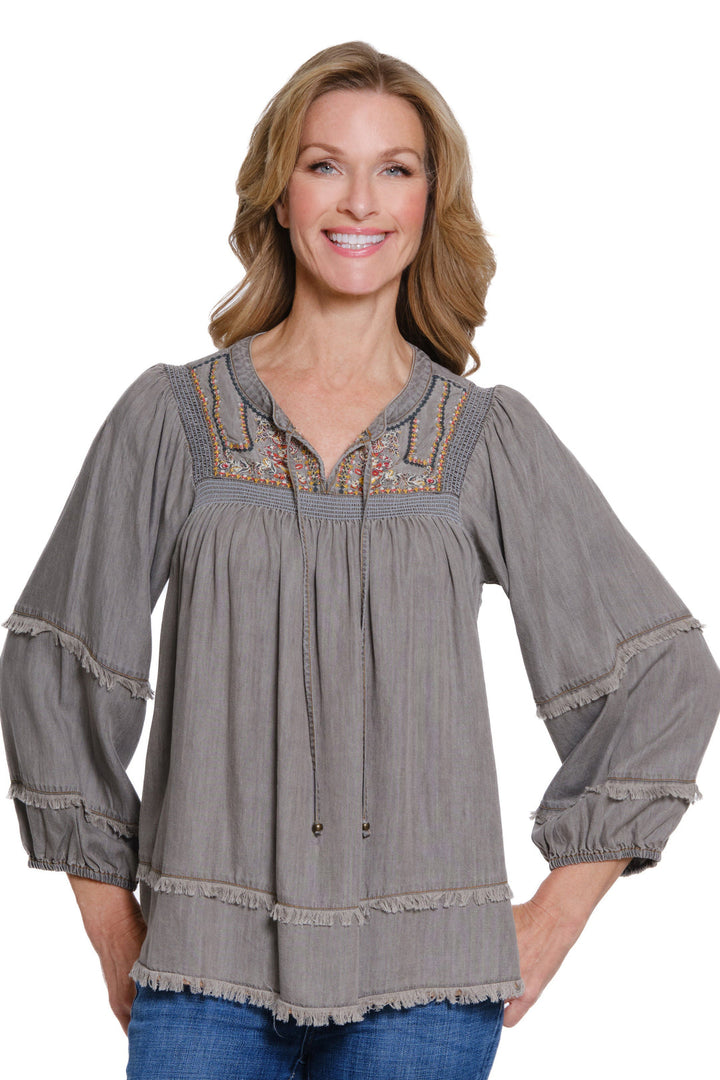 Multiples 3/4 Sleeve Embroidered Top
