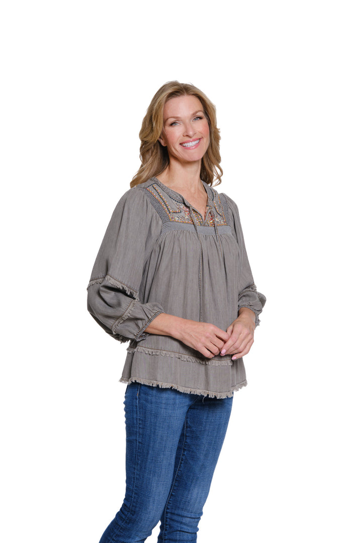 Multiples 3/4 Sleeve Embroidered Top