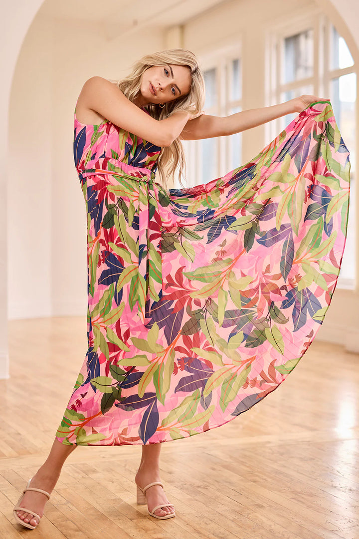 Tribal Sleeveless Plisse' Maxi Dress - Teaberry