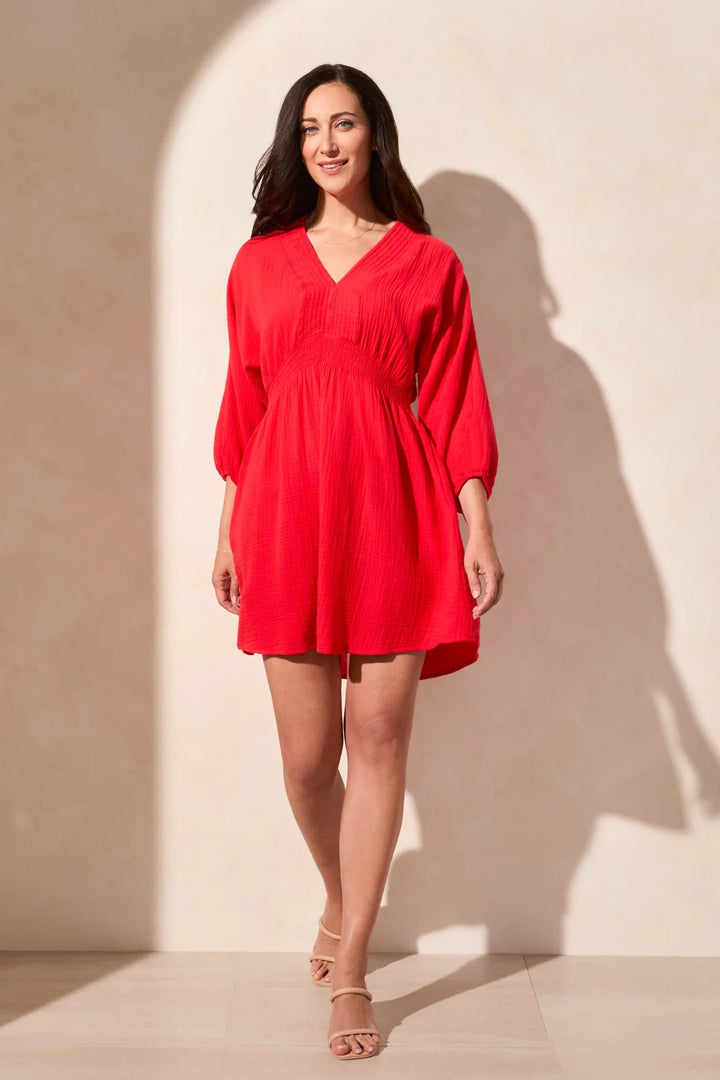 Tribal Smocked Puff Sleeve Dress - Bayberry
