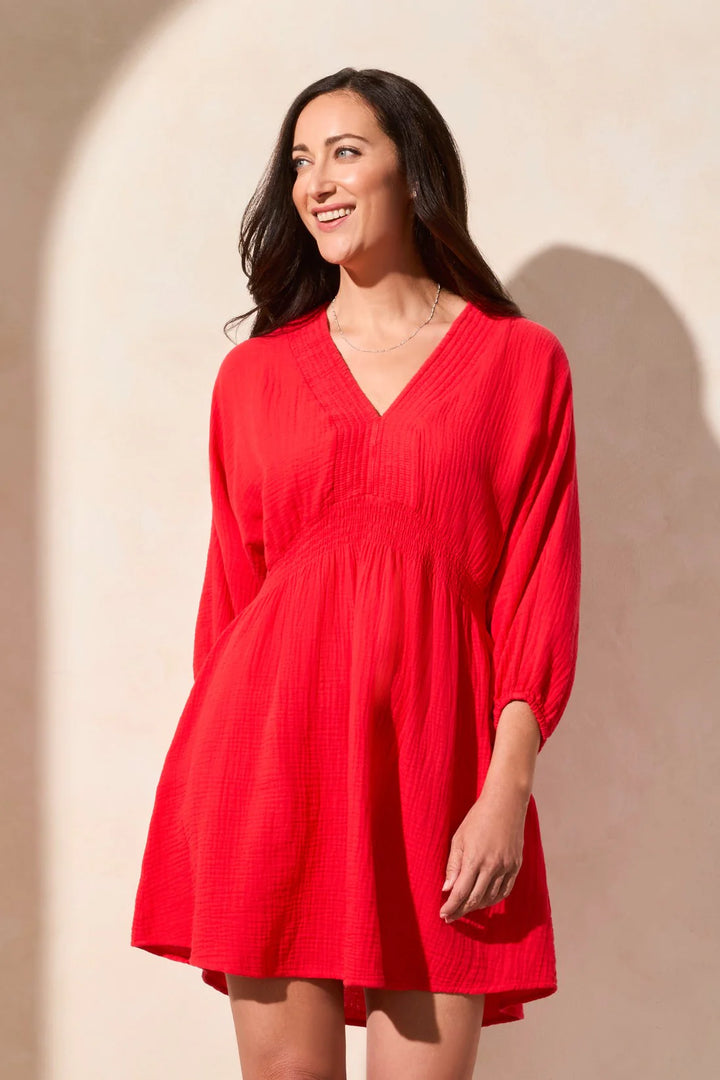 Tribal Smocked Puff Sleeve Dress - Bayberry