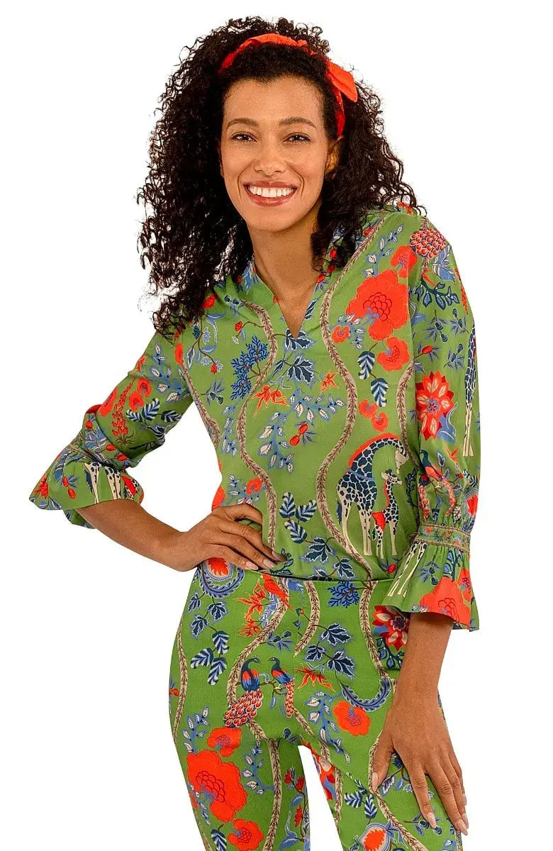 Gretchen Scott Ruffleneck Tunic- Olive Jungle Symphony
