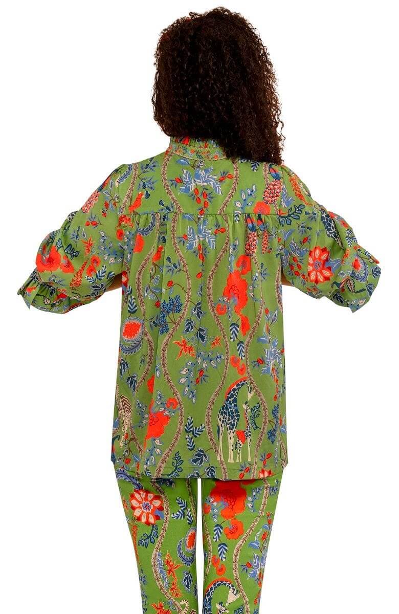 Gretchen Scott Ruffleneck Tunic- Olive Jungle Symphony