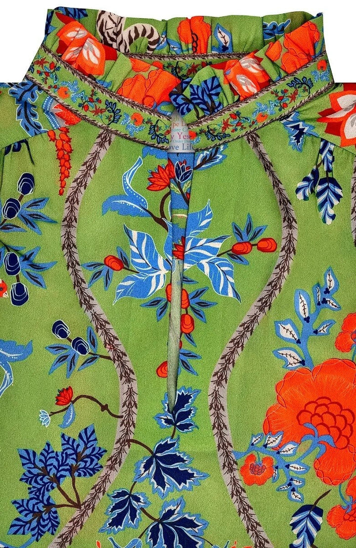 Gretchen Scott Ruffleneck Tunic- Olive Jungle Symphony
