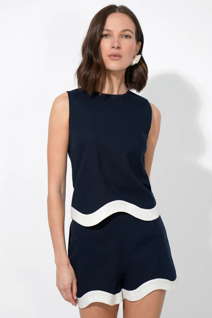 Adelyn Rae Scalloped Linen Trim Short Set - Navy/Ecru