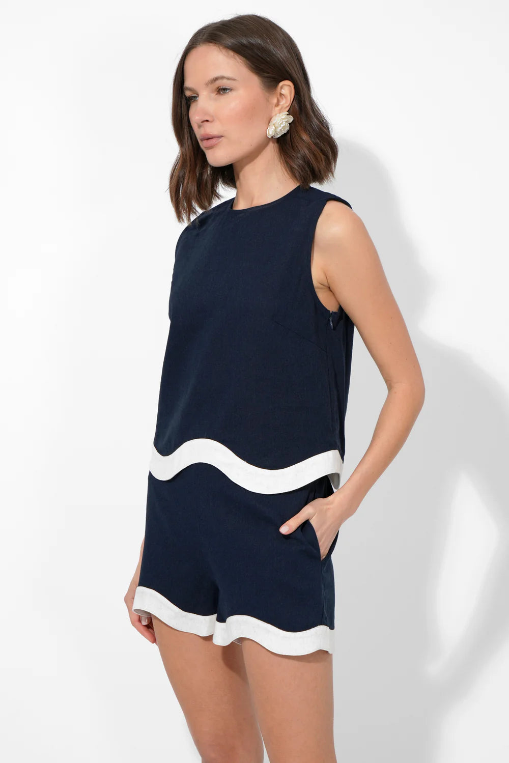 Adelyn Rae Scalloped Linen Trim Short Set - Navy/Ecru