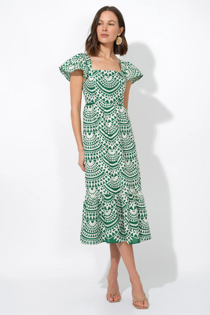 Adely Rae Maja Cotton Crochet Flutter Sleeve Midi Dress - Green