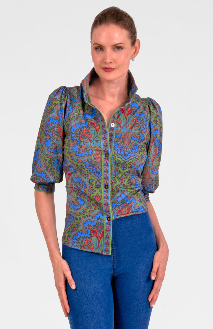 Gretchen Scott Puff Sleeve Top- Olive Passion Paisley