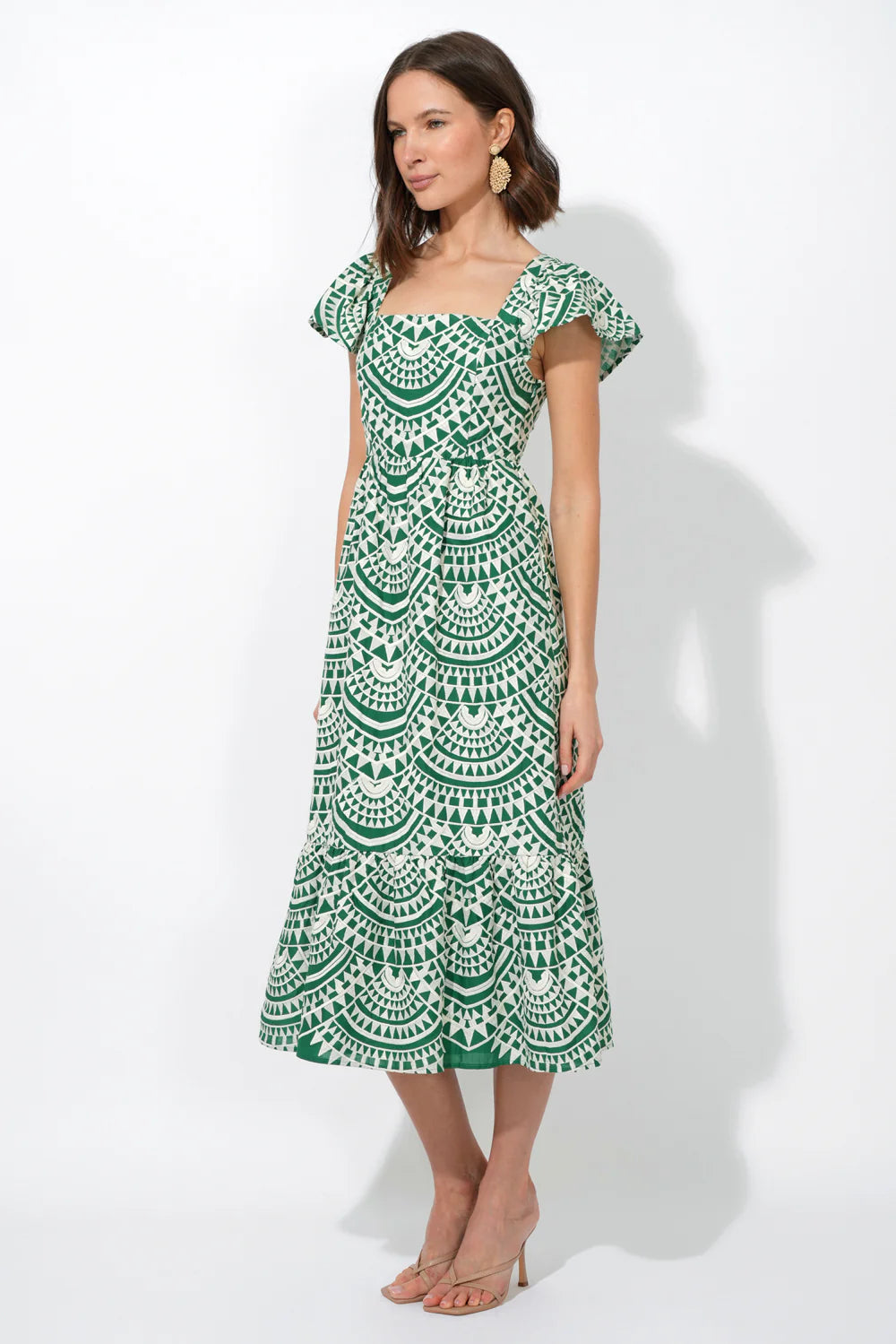 Adely Rae Maja Cotton Crochet Flutter Sleeve Midi Dress - Green
