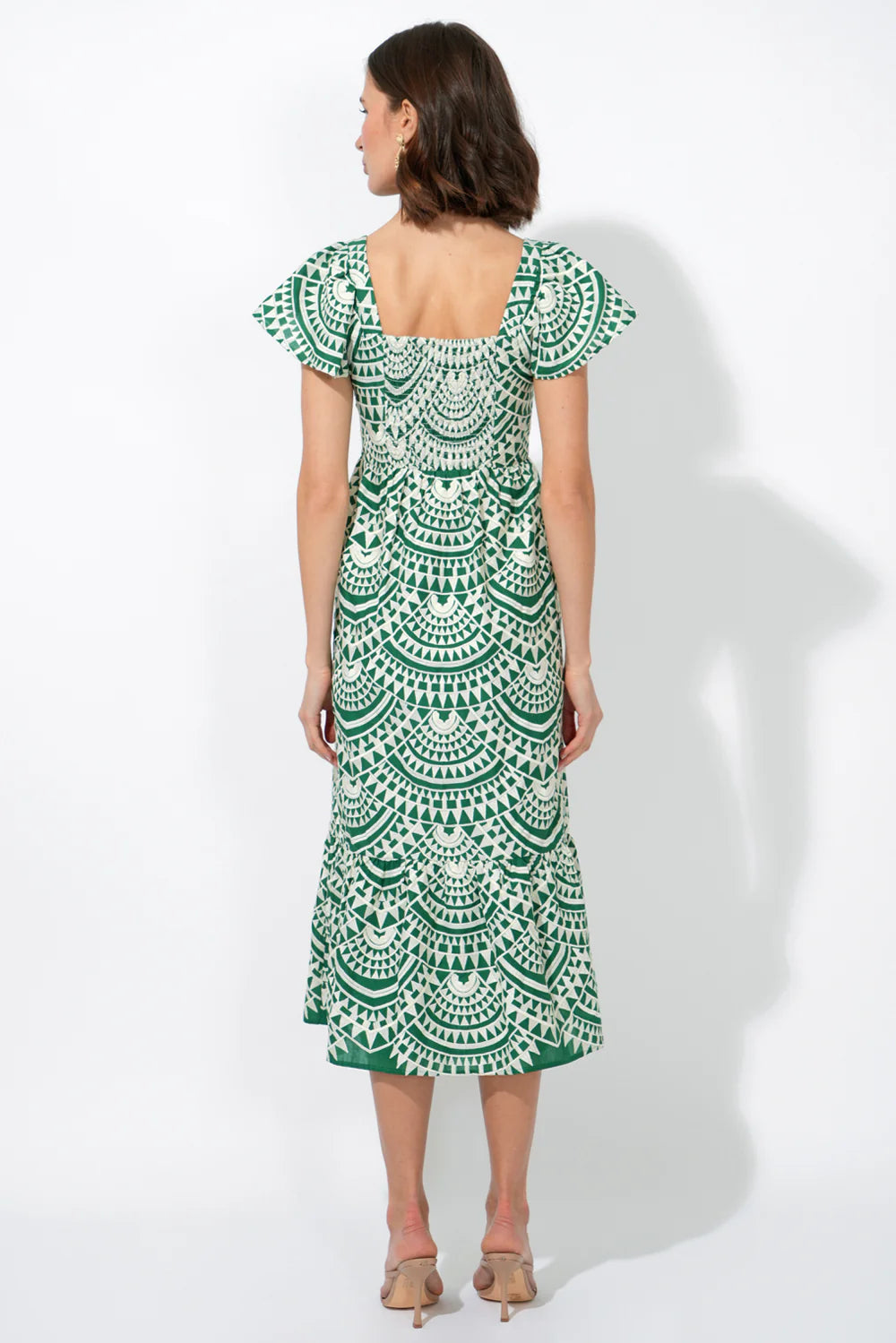 Adely Rae Maja Cotton Crochet Flutter Sleeve Midi Dress - Green