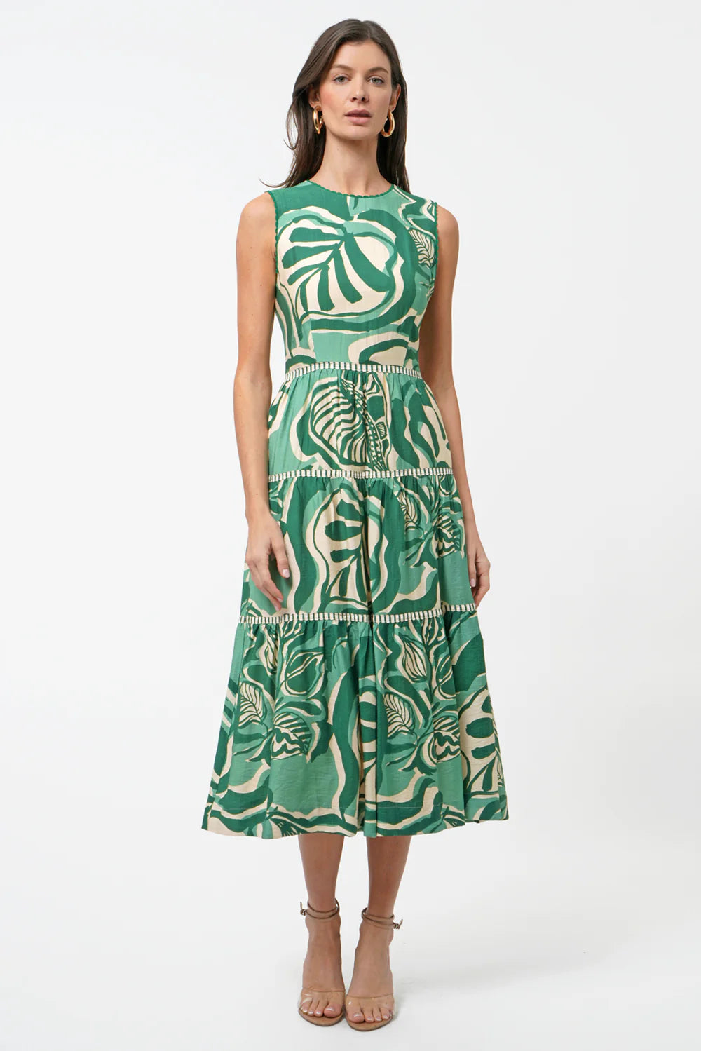 Adelyn Rae Alva Leaf Print Tiered Maxi Dress