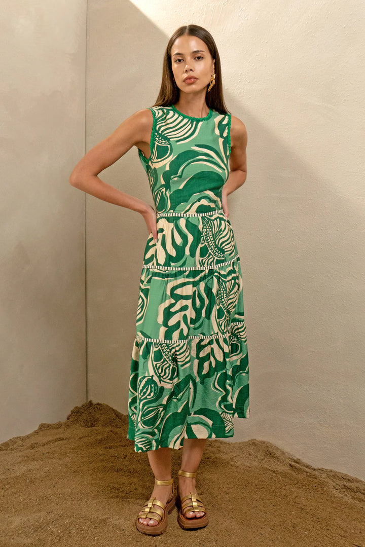 Adelyn Rae Alva Leaf Print Tiered Maxi Dress