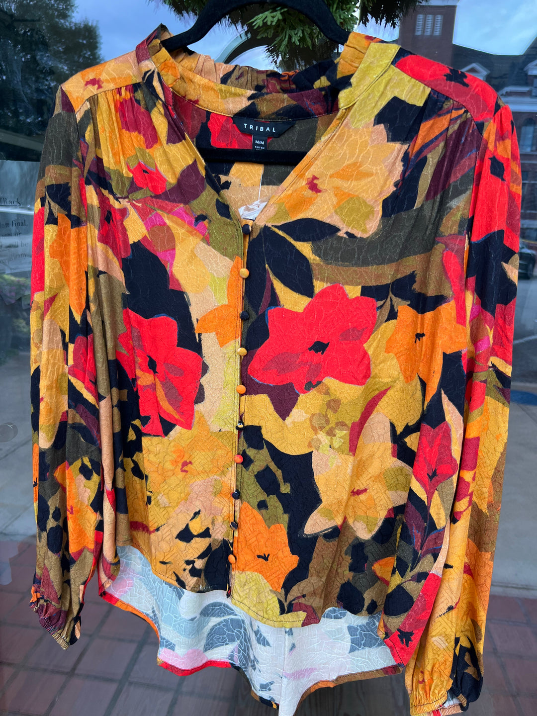 Tribal Long Sleeve Button Front Blouse- Crimson Floral