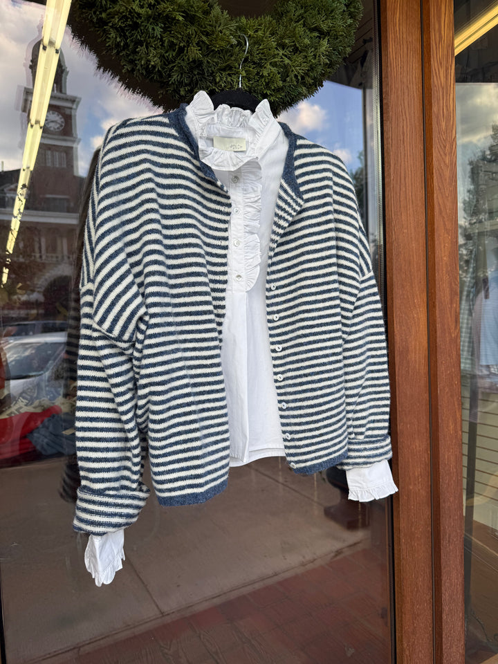 Striped Knit Button Down Cardigan- Washed Navy Stripe