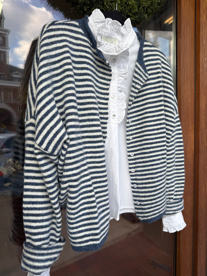 Striped Knit Button Down Cardigan- Washed Navy Stripe