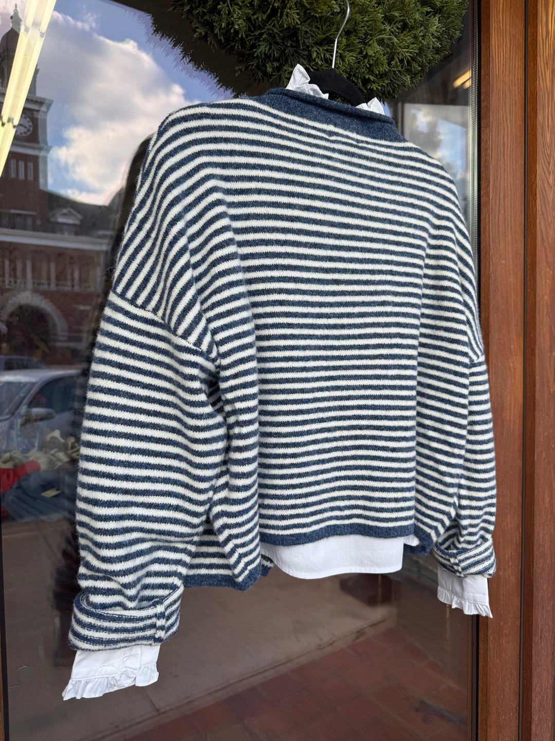 Striped Knit Button Down Cardigan- Washed Navy Stripe