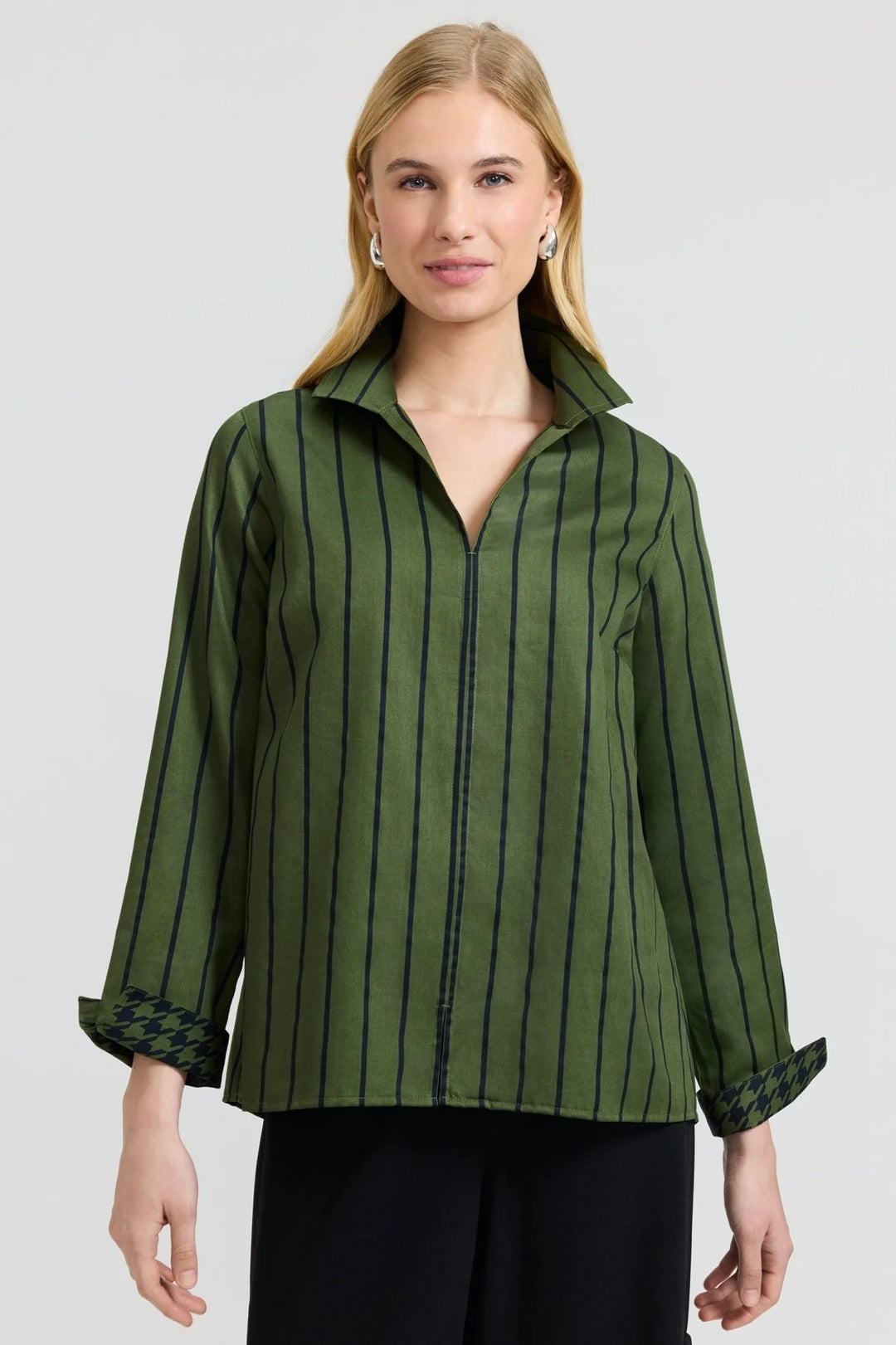 Foxcroft Agnes Stripe & Houndstooth Popover Shirt