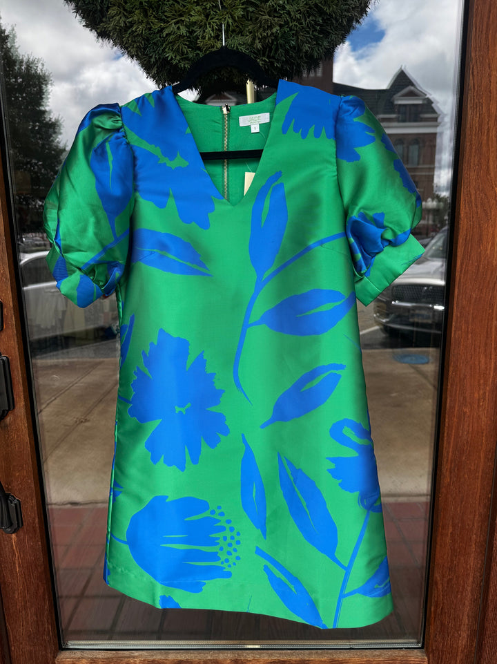 Jade Green Floral V-Neck Puff Sleeve Dress