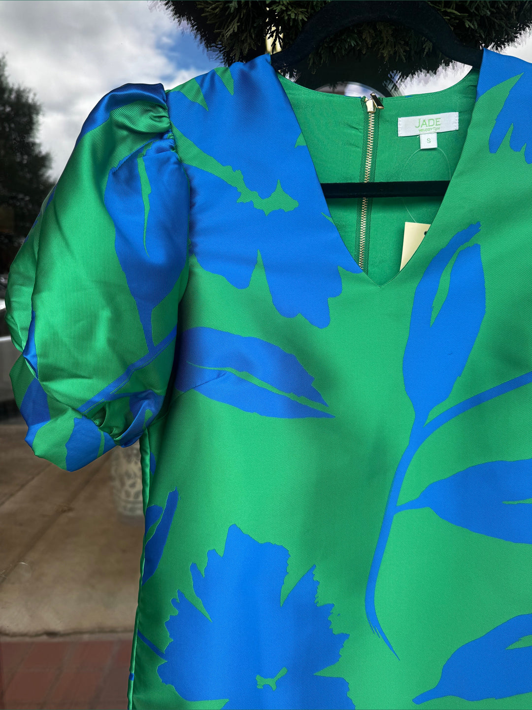 Jade Green Floral V-Neck Puff Sleeve Dress