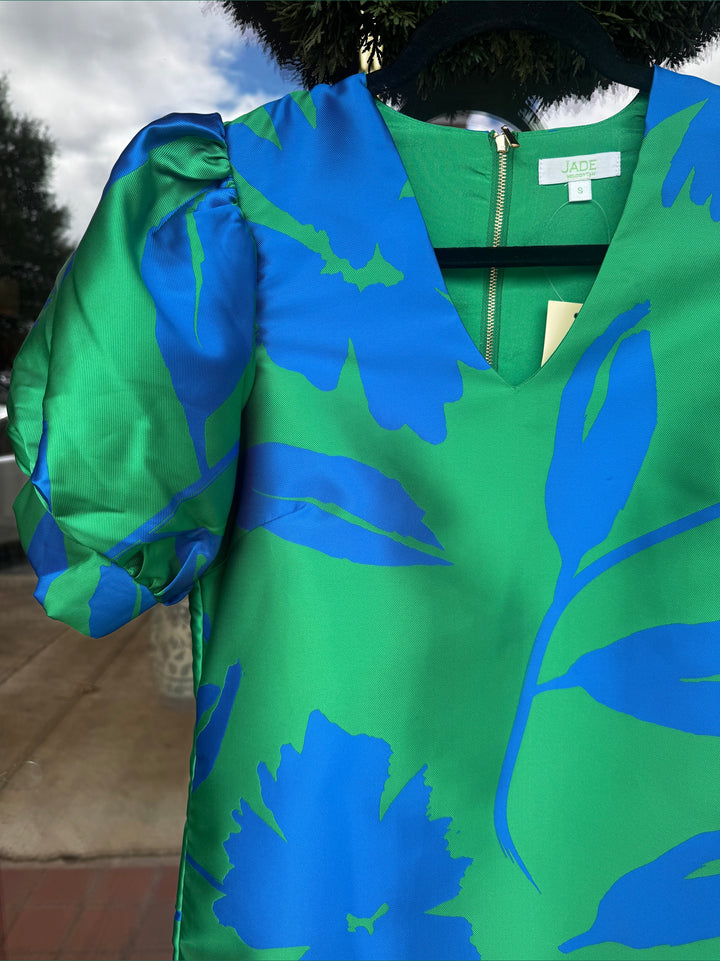 Jade Green Floral V-Neck Puff Sleeve Dress