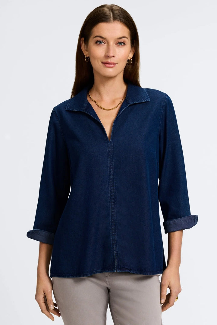 Foxcroft Agnes 3/4 Sleeve Popover Shirt - Dark Wash