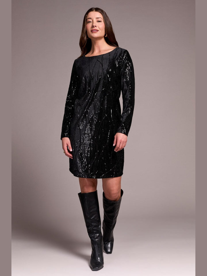 Tribal Long Sleeve Lined Sequin Dress - Black