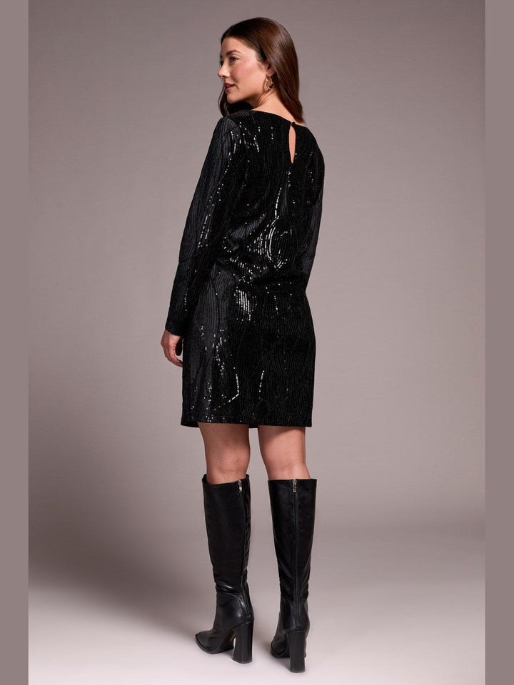 Tribal Long Sleeve Lined Sequin Dress - Black