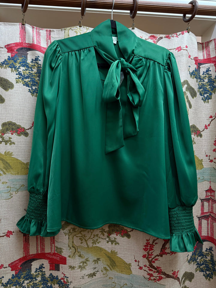 Jade Silk Tie Front Top