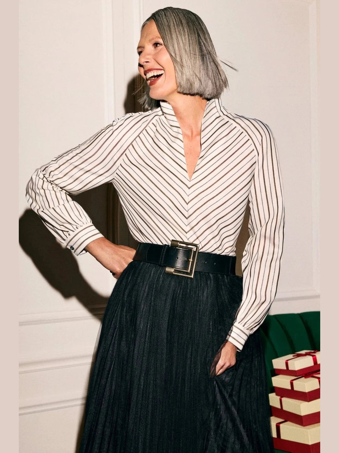 Foxcroft Daphne Popover Blouse- Metallic Stripe