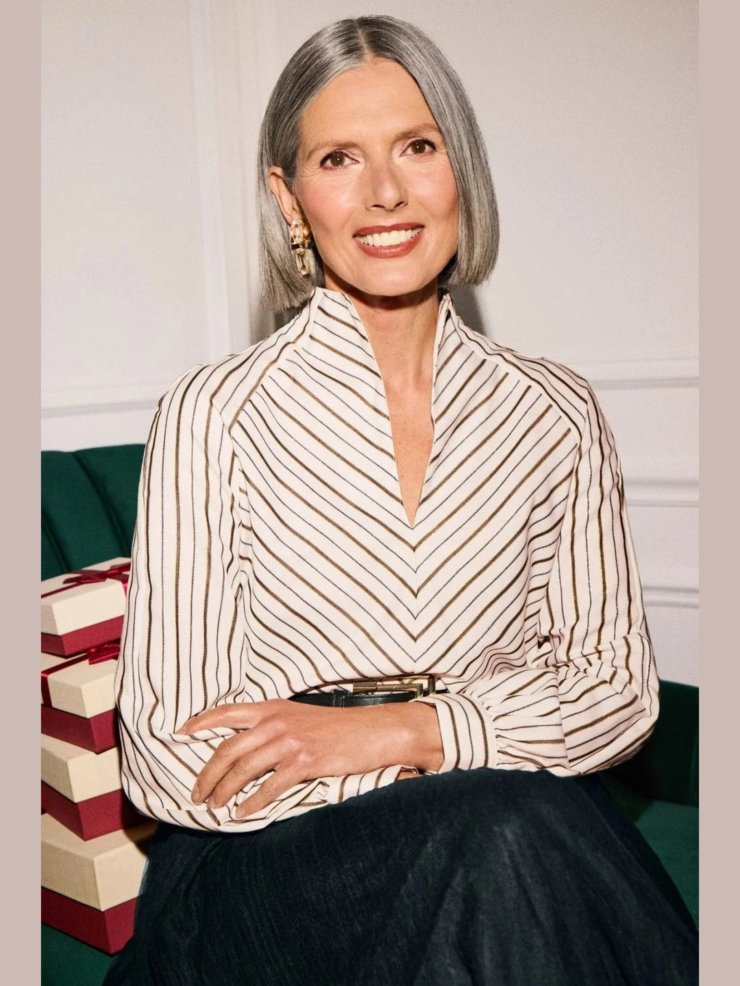 Foxcroft Daphne Popover Blouse- Metallic Stripe