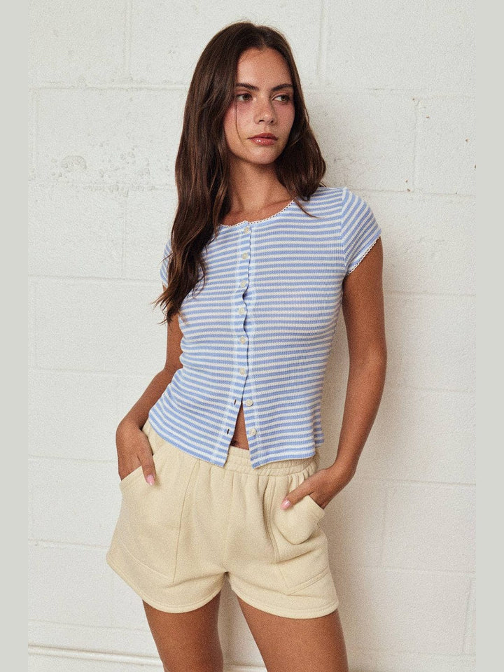 Striped Ribbed Button Front Top - Blue/White