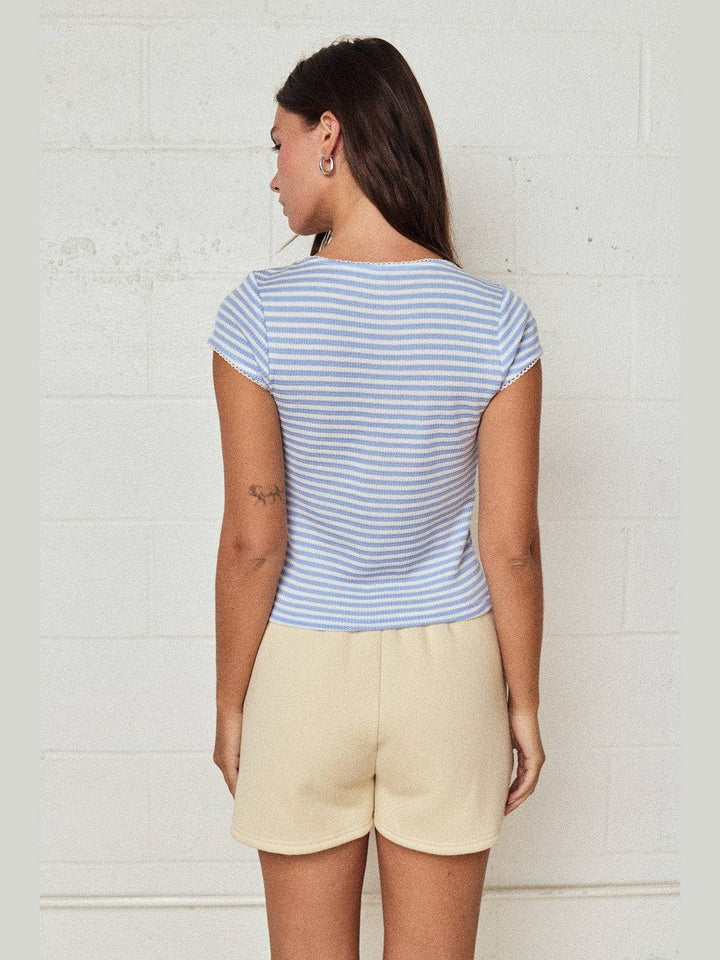 Striped Ribbed Button Front Top - Blue/White