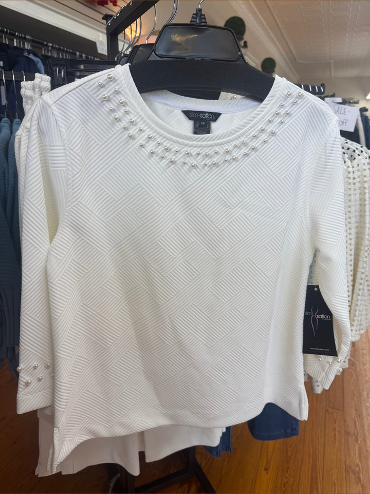 Slimsation Soft White Wide Neck Top w/ Pearls
