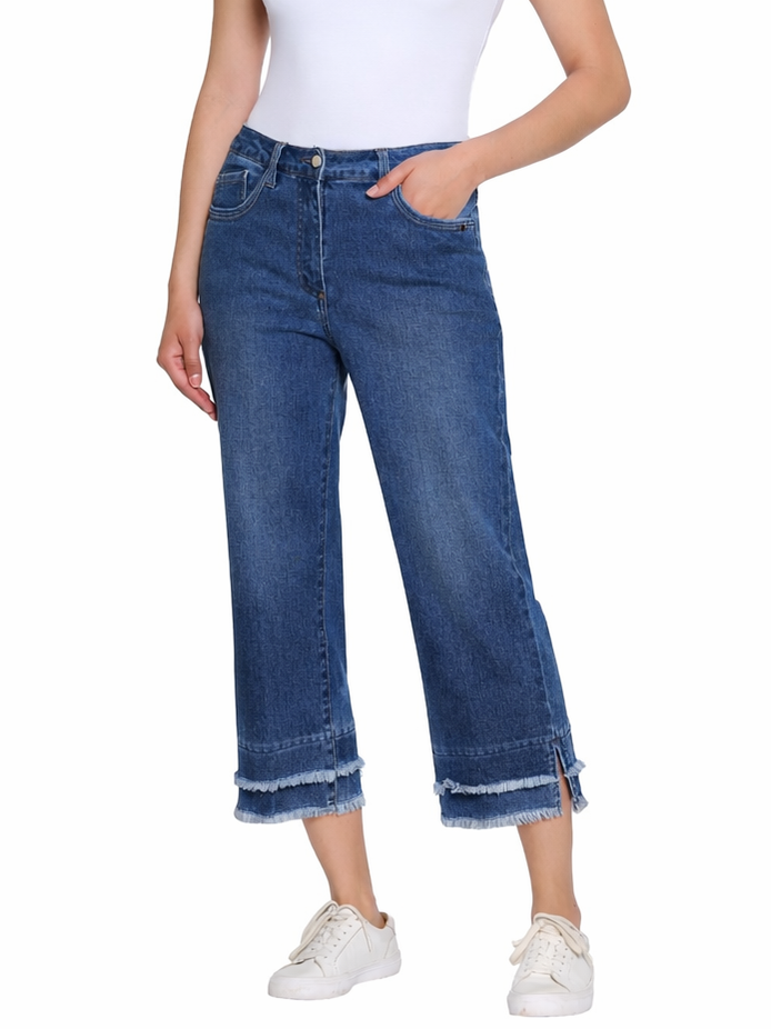 Medium Indigo Double Fringe Hem Crop Jean