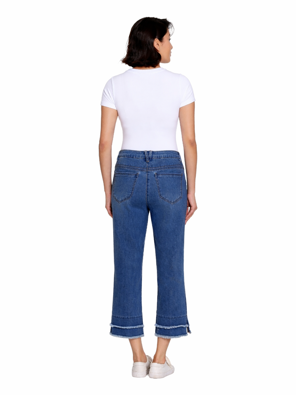 Medium Indigo Double Fringe Hem Crop Jean